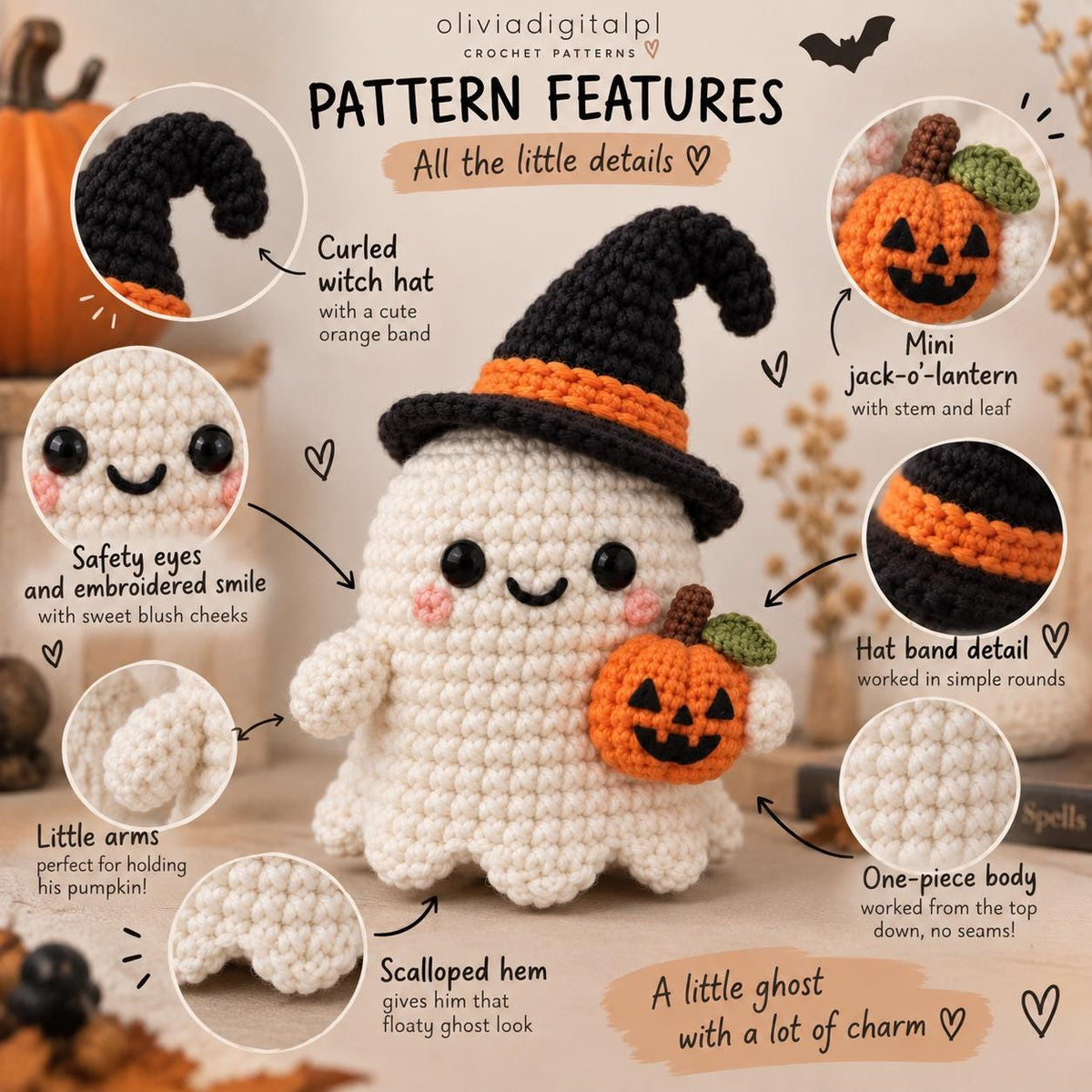 Halloween ghost Crochet pattern, witch Ghost with Hats,  Amigurumi, digital Tutorial, Decoration, Gift
