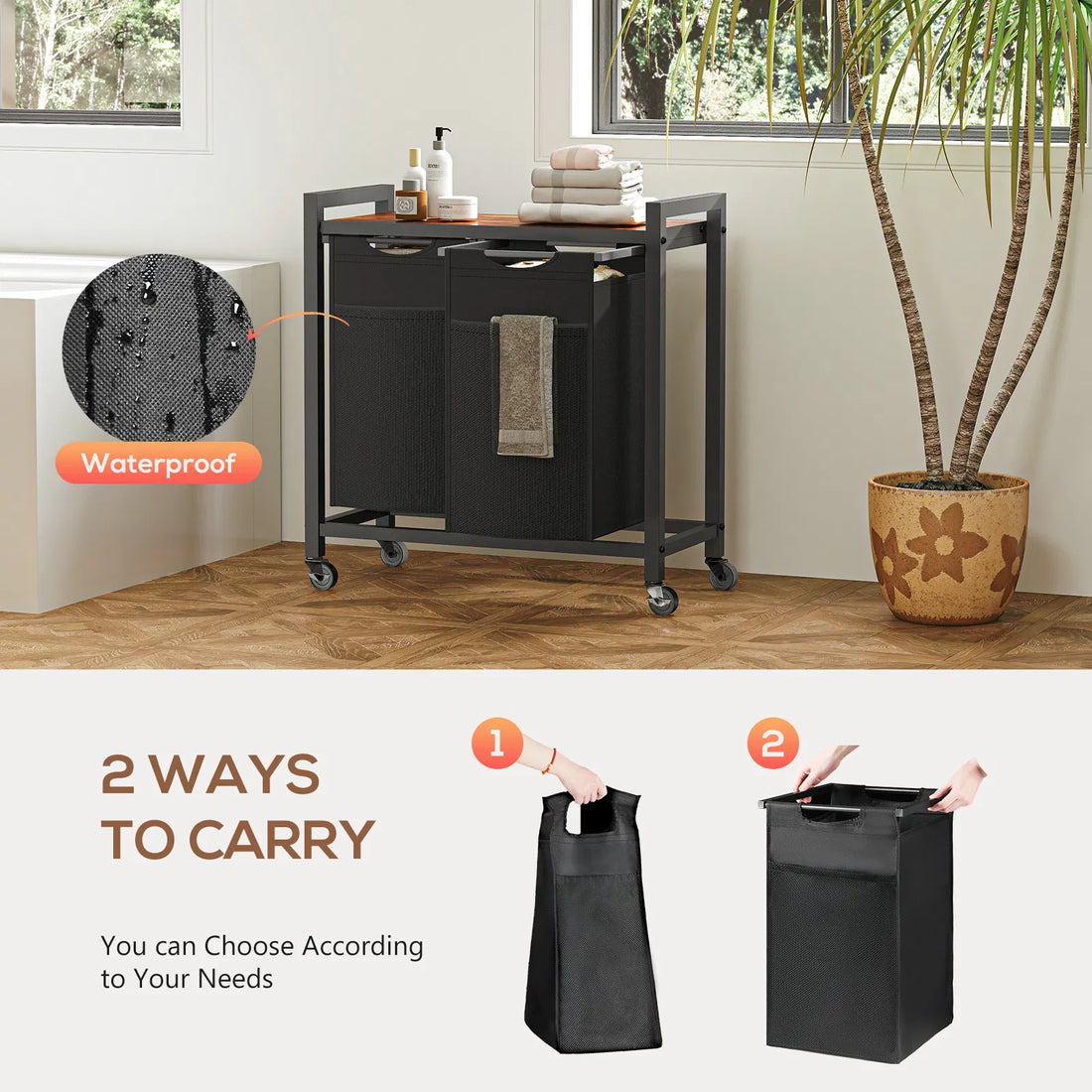 Laundry Hamper with 3 Pull-Out Removable Laundry Bags Clothing Sorter