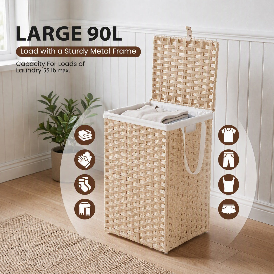 Compact Foldable Laundry & Picnic Basket – Hand‑Woven PP Rattan with Lid