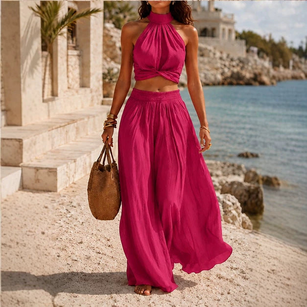 Women’s Casual Halter Top & Wide-Leg Long Skirt Set