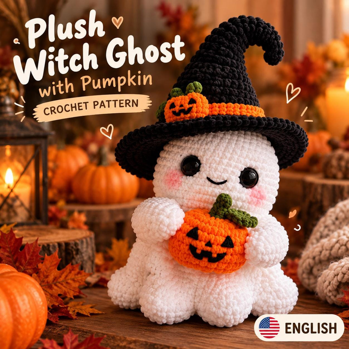 Crochet Ghost Pattern, Chenille Amigurumi in Witch Hat Holding a Pumpkin, Halloween Plush PDF