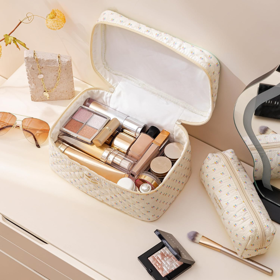 Quilted Makeup Bag, 3Pcs Cotton Large Travel Makeup Bags Organizer