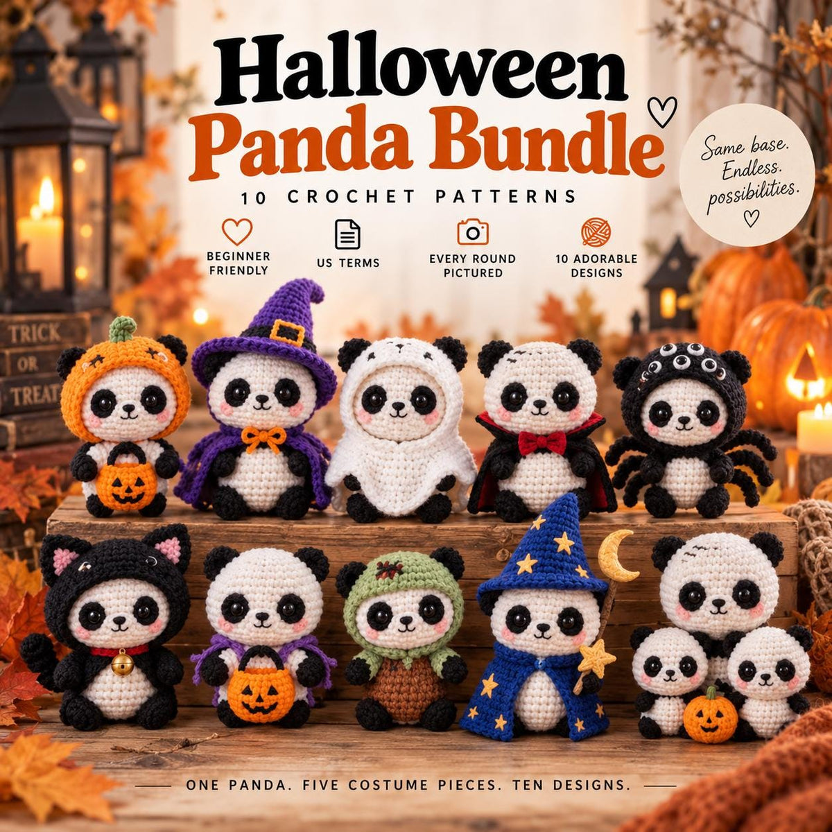 Halloween Panda Crochet Bundle, 10 Costumes, One Pattern (Digital Download)