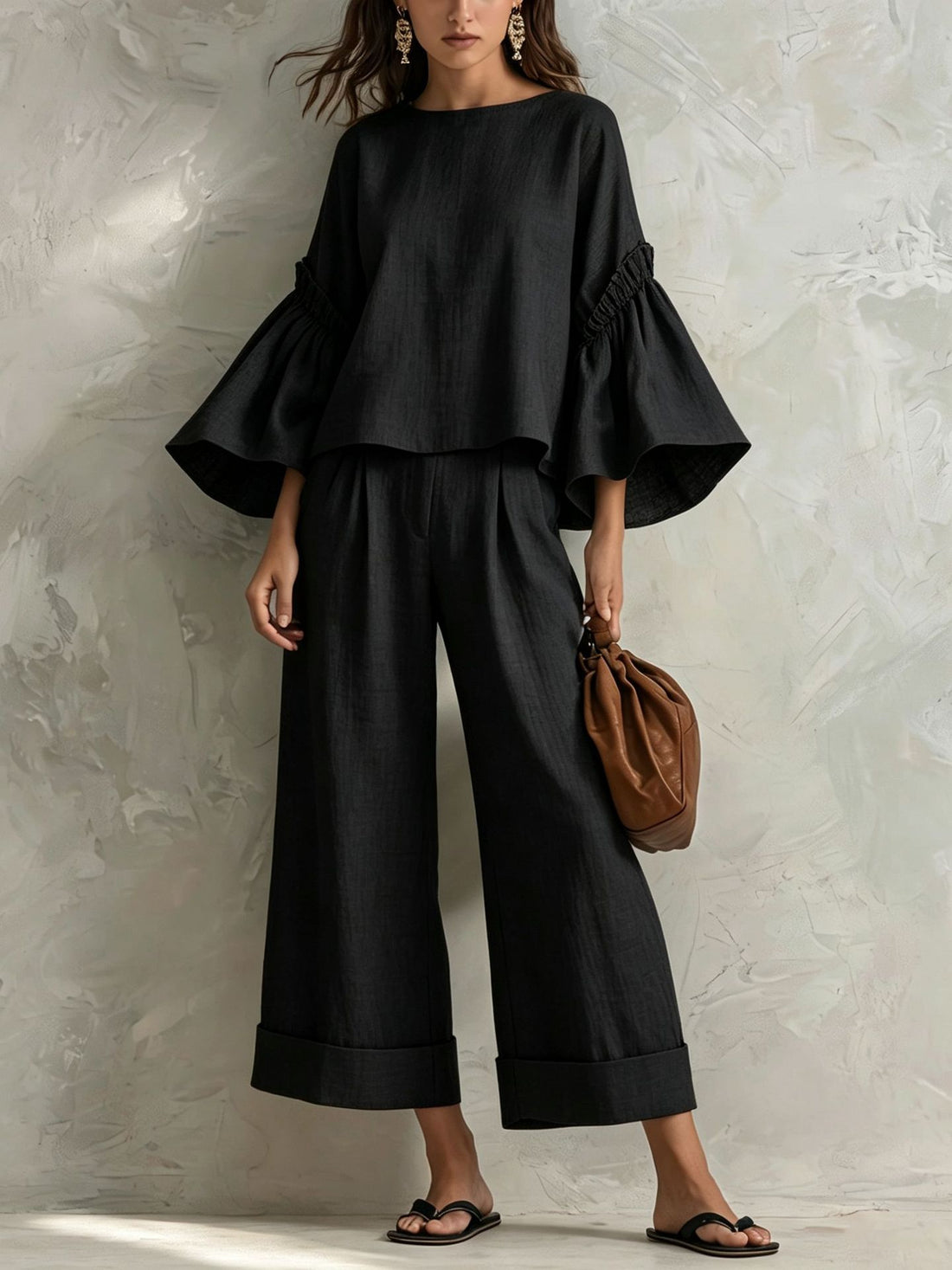 Versatile Long-Sleeve Top & Wide-Leg Pants Set for Everyday Comfort