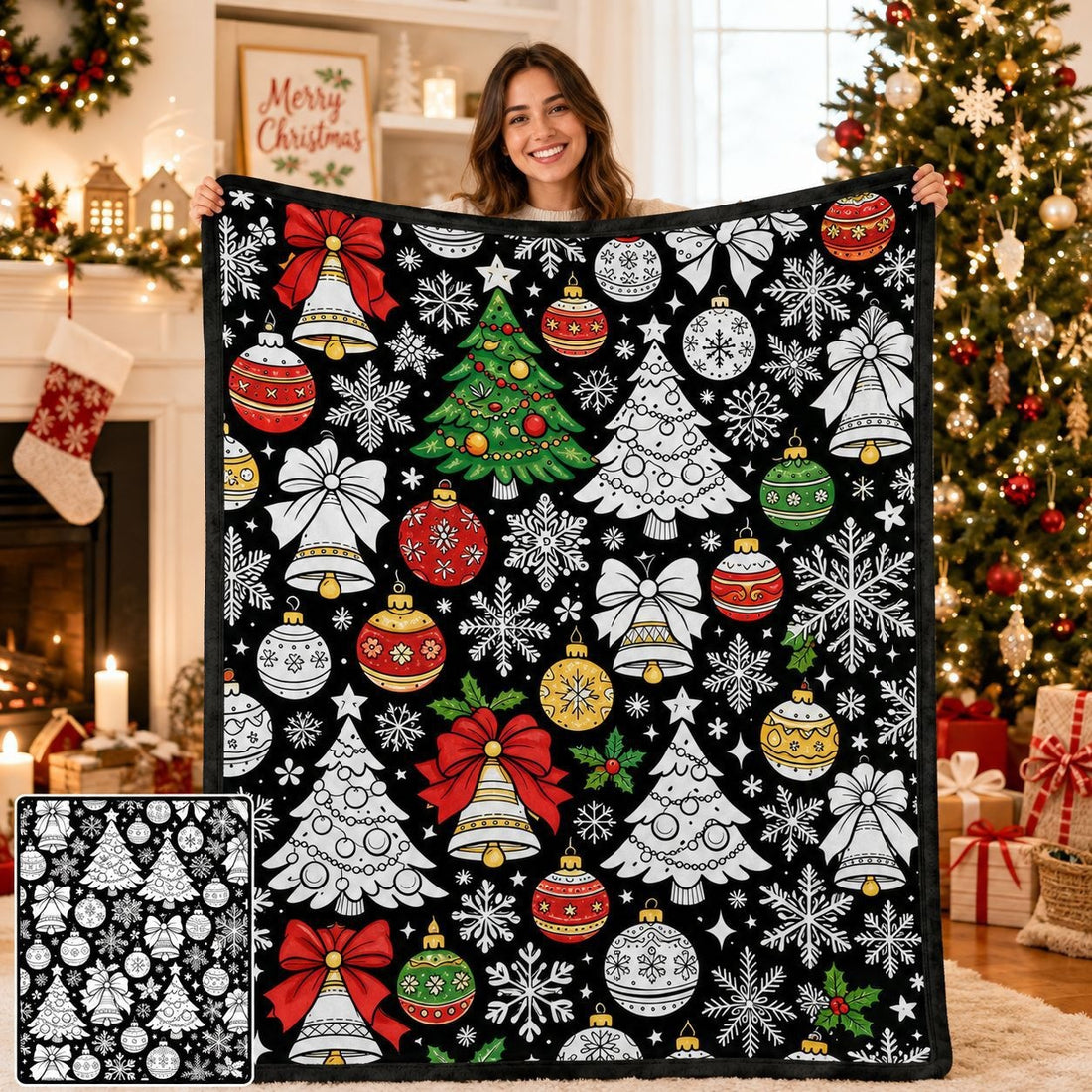 Cozy Hand‑Painted Santa & Elk Throw – Compact Picnic Blanket