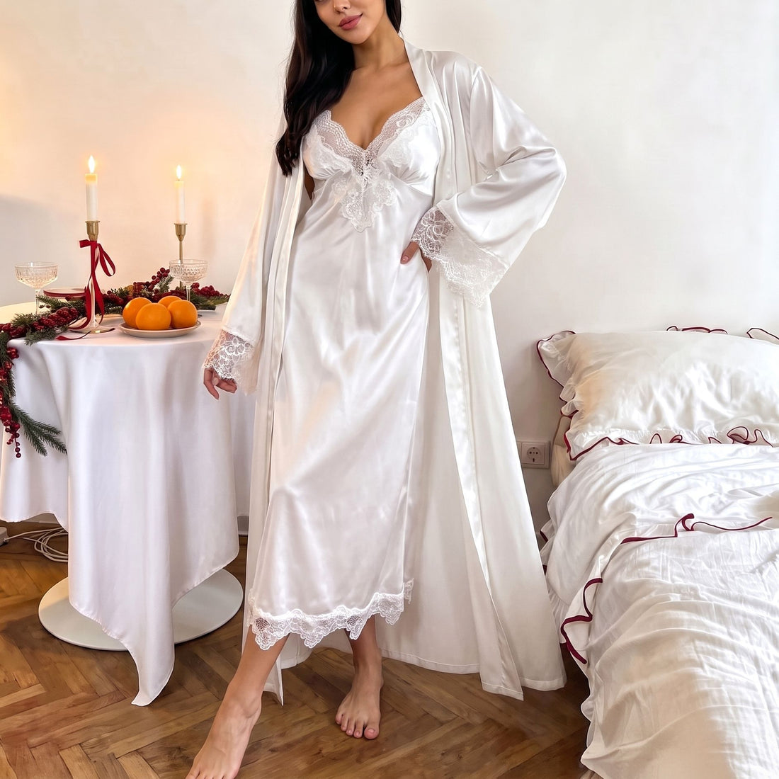 Elegant Lace V-Neck Long Camisole Nightdress with Cuffs
