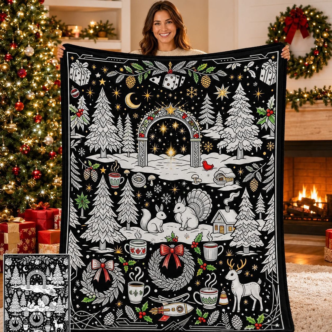 Cozy Hand‑Painted Santa & Elk Throw – Compact Picnic Blanket