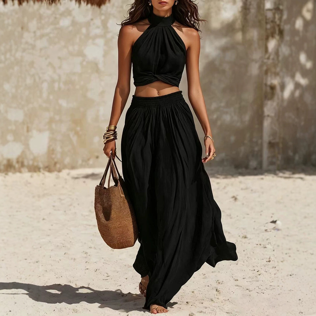 Women’s Casual Halter Top & Wide-Leg Long Skirt Set