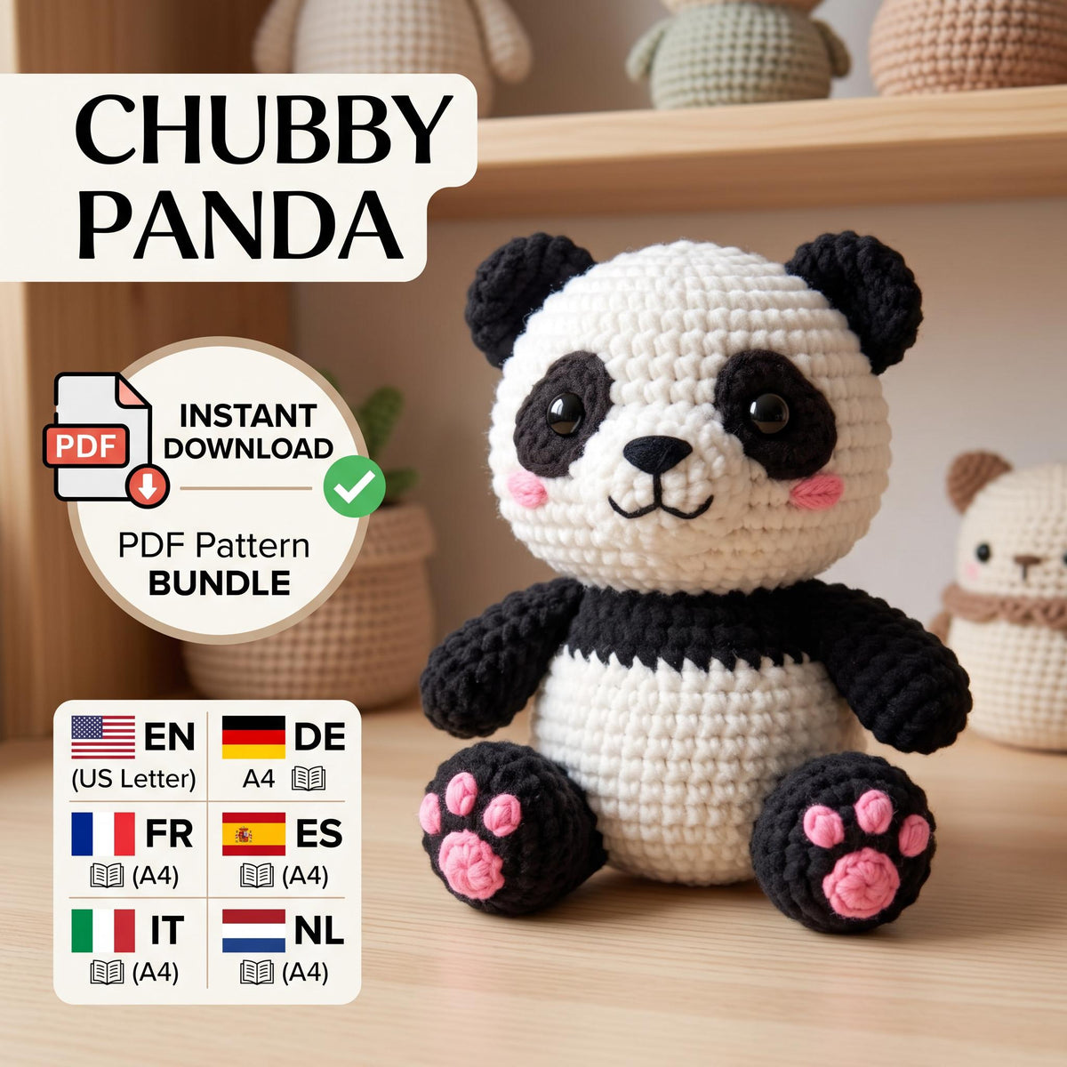 Chubby Panda Amigurumi Crochet Pattern PDF, 6 Languages, Instant Download