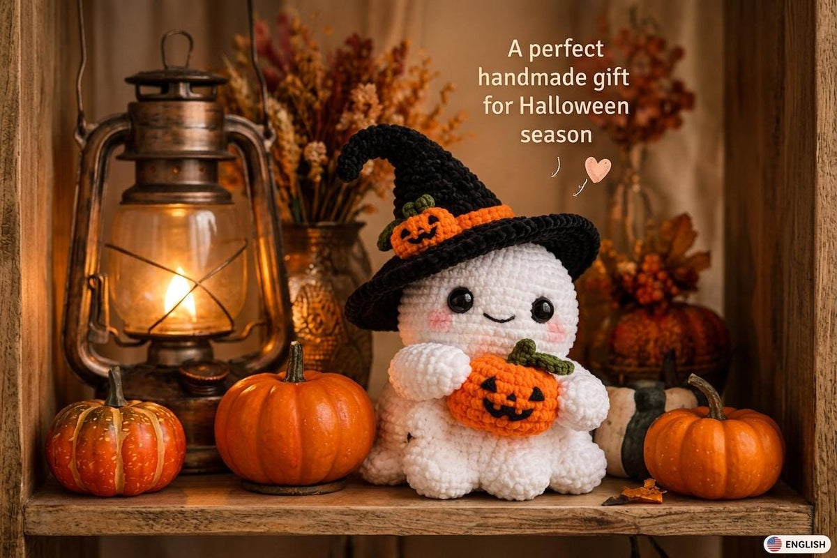 Crochet Ghost Pattern, Chenille Amigurumi in Witch Hat Holding a Pumpkin, Halloween Plush PDF