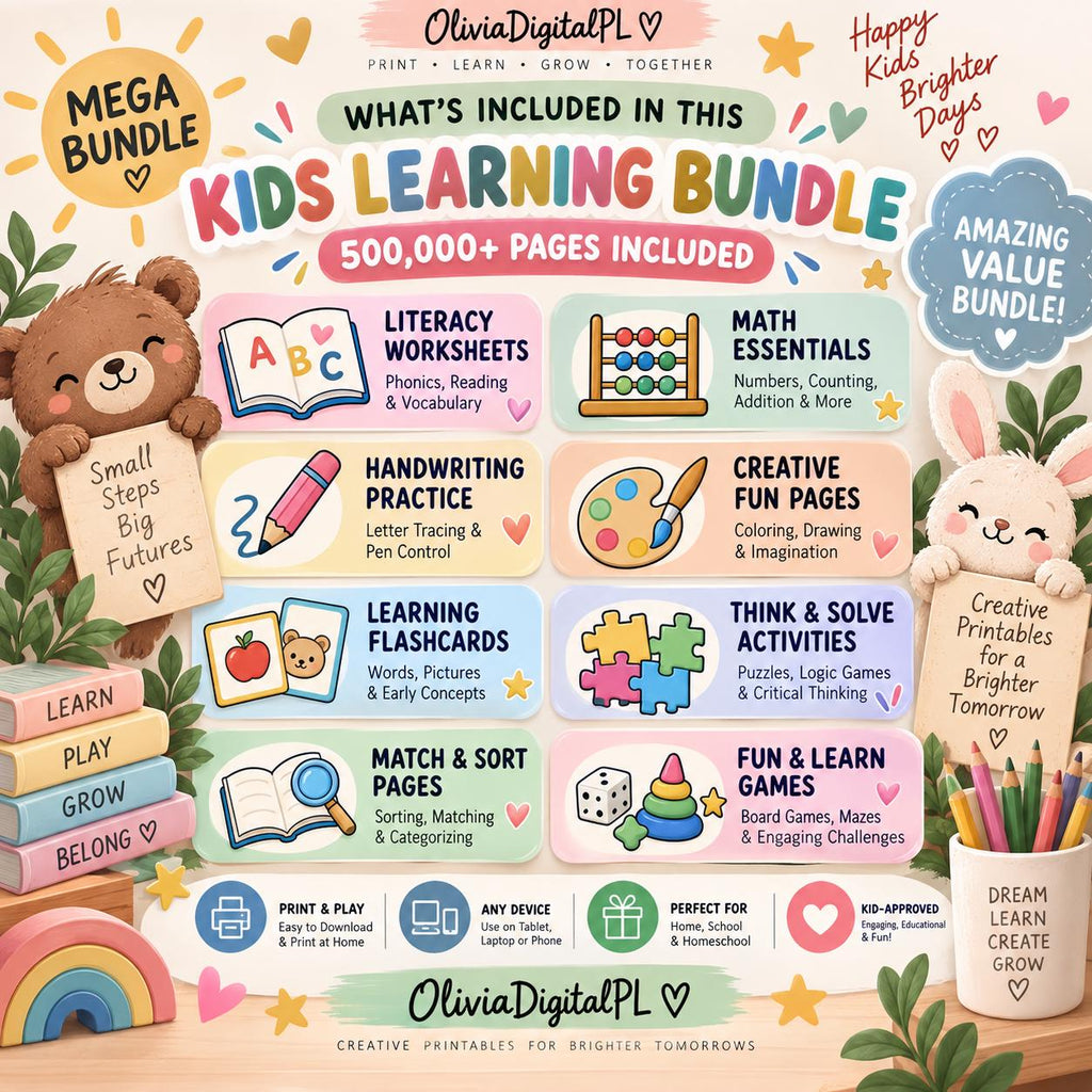 500,000+ Kids Educational Bundle PLR MRR, Printable Worksheets, Coloring Pages, Homeschool Learning Games