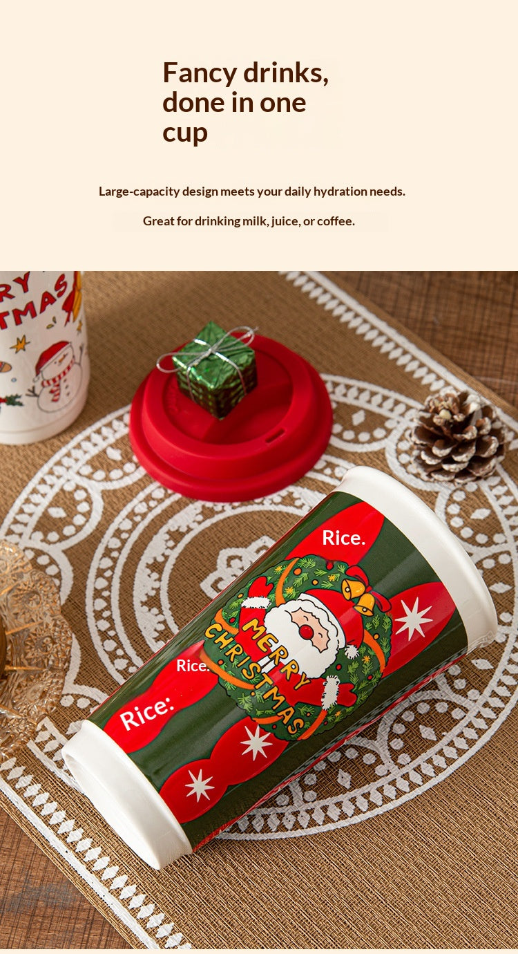 Cartoon Christmas Large-Capacity Ceramic Mug With Lid Gift