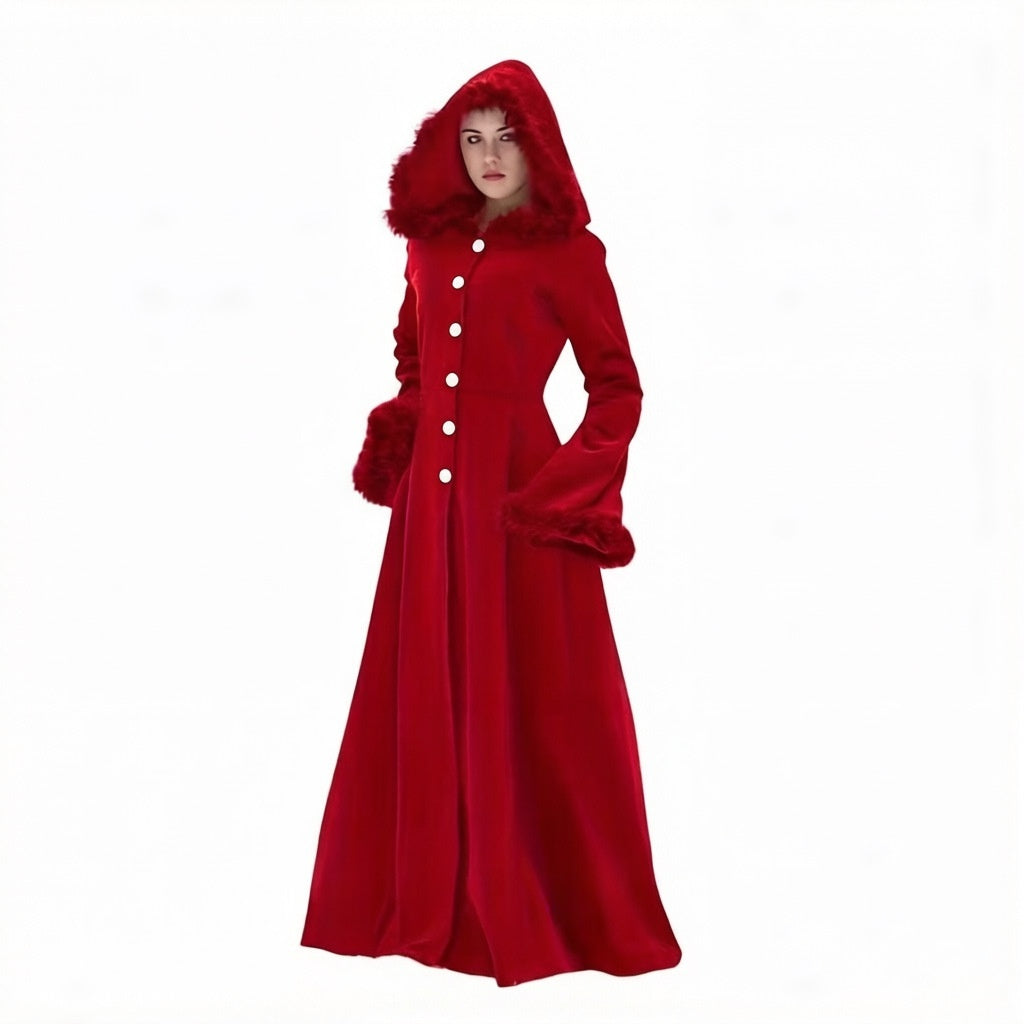 Adjustable Retro Fur Collar Hood Trench Coat – Large Swing Design
