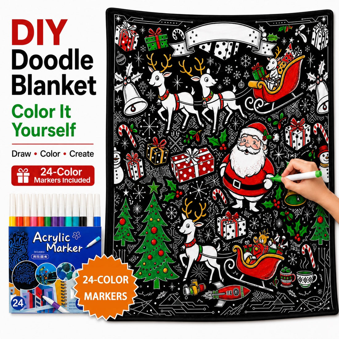 Cozy Hand‑Painted Santa & Elk Throw – Compact Picnic Blanket