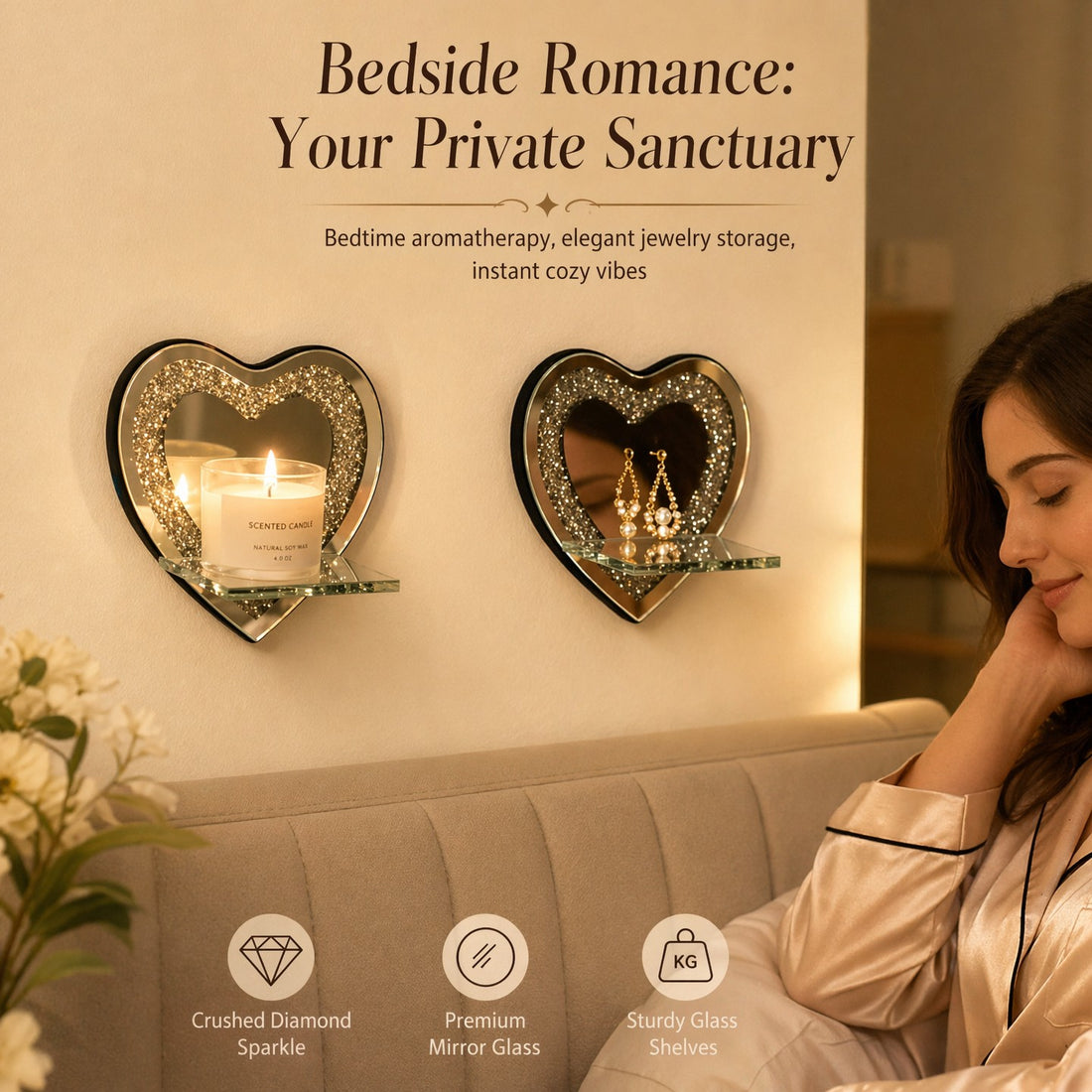 Heart-Shaped Mirrored Shelf with Diamond Inlay