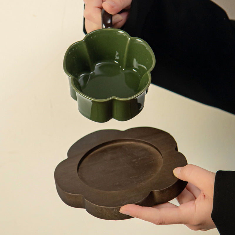 Vintage Ceramic Coffee Cup And Saucer Set With Acacia Wood Tray And Sp