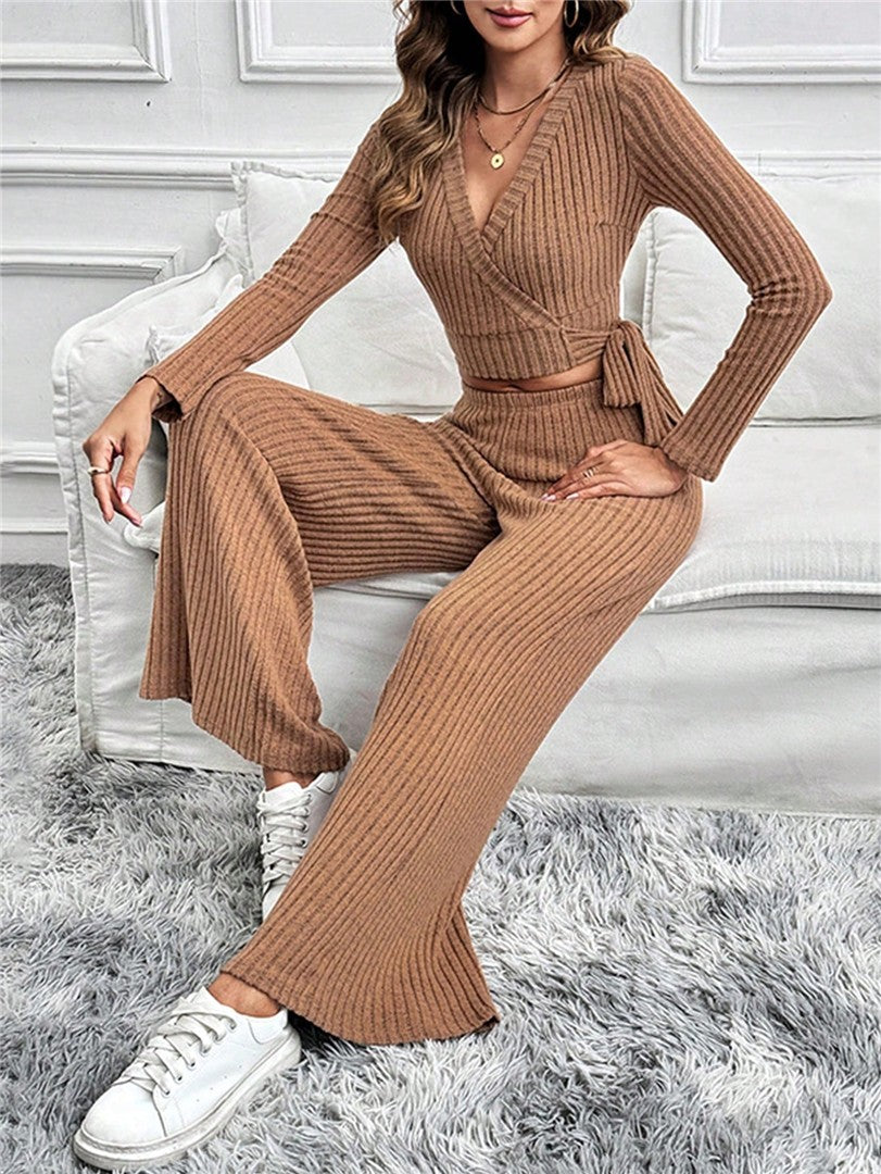 Women's Ribbed Knit 2-Piece Loungewear Set – Wrap Top & Wide Leg Pants