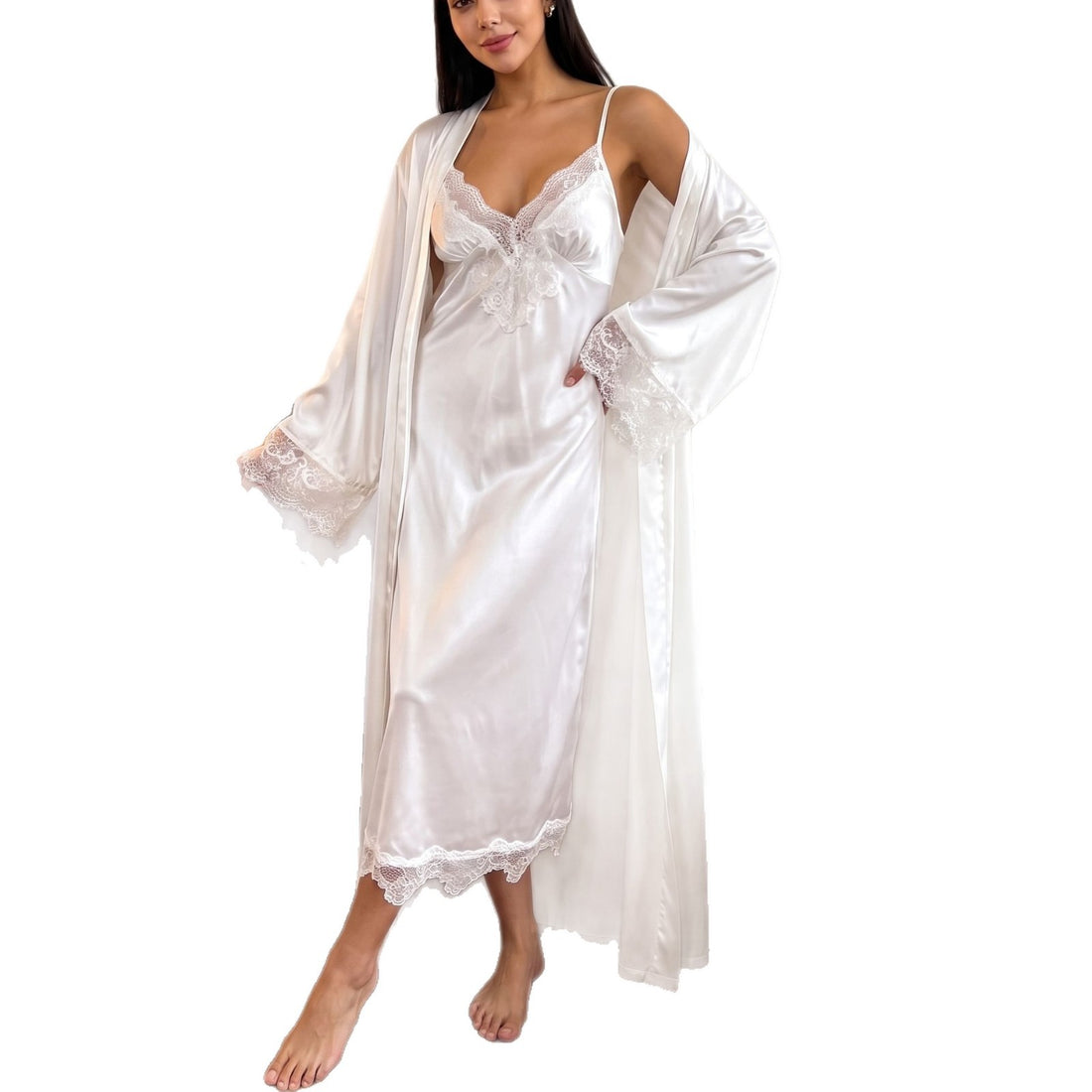 Elegant Lace V-Neck Long Camisole Nightdress with Cuffs