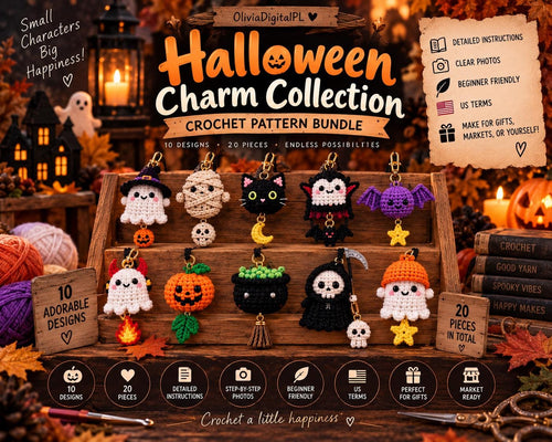 Collection de charms au crochet pour Halloween, 10 personnages + breloques (modèle numérique)