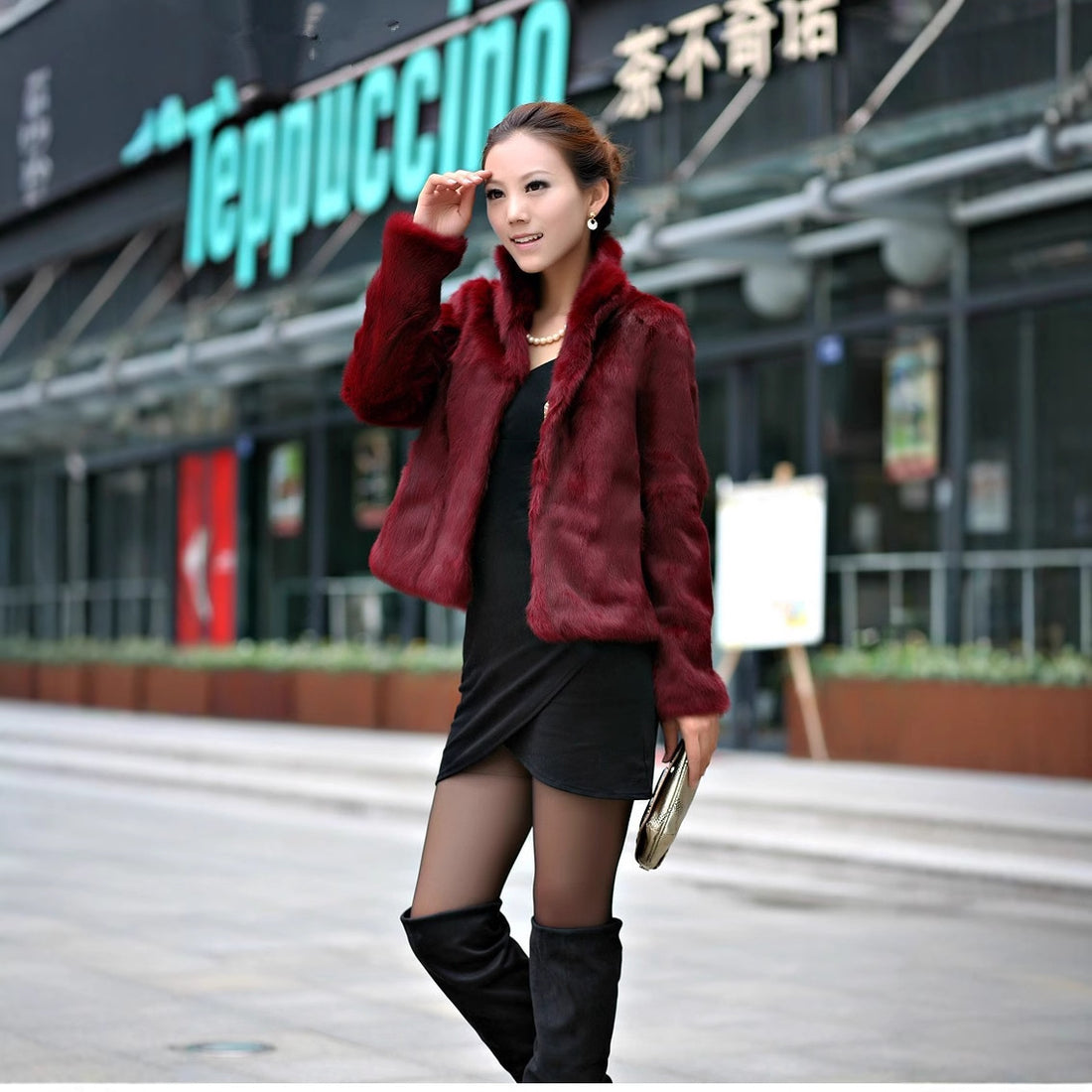 Luxury Long-Sleeve Stand-Collar Fur Coat