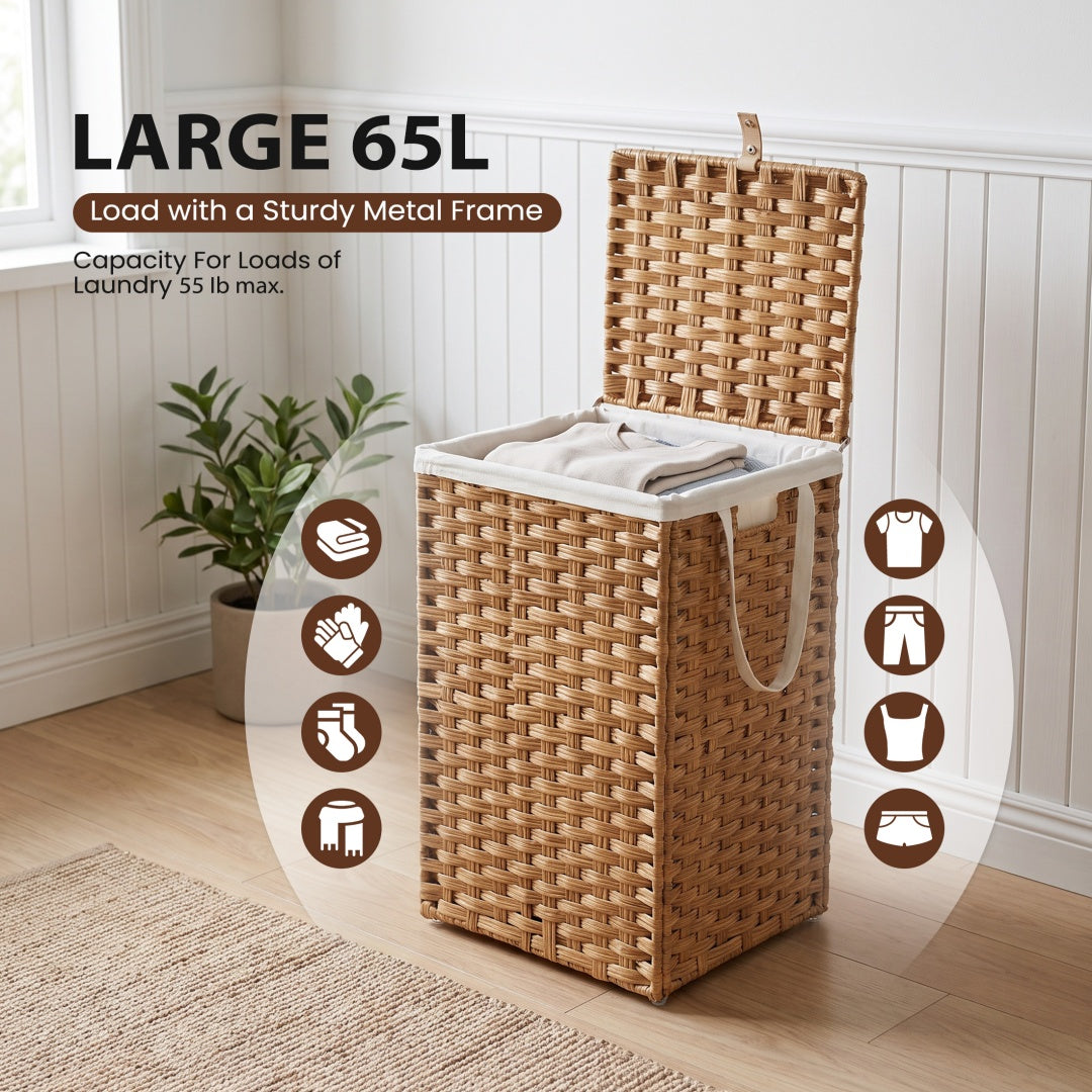Compact Foldable Laundry & Picnic Basket – Hand‑Woven PP Rattan with Lid