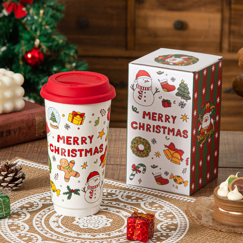 Cartoon Christmas Large-Capacity Ceramic Mug With Lid Gift