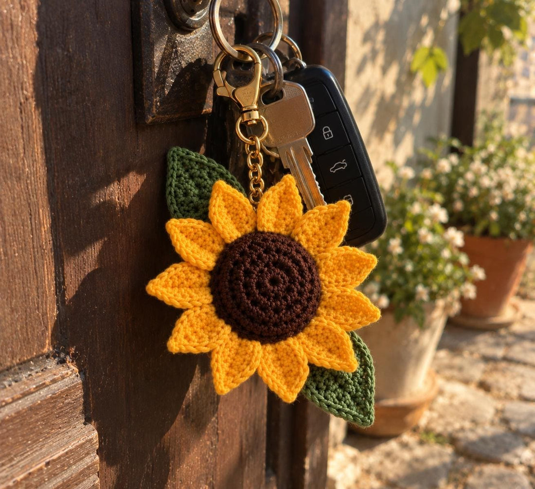 PDF-Anleitung für gehäkelte Sonnenblumen-Schlüsselanhänger, 3 Größen, Taschenanhänger & Blumenmuster, für Anfänger geeignet