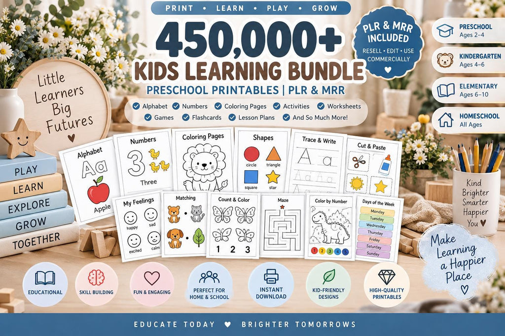 450,000+ Preschool Learning Bundle, Alphabet, Numbers, Coloring (PLR/MRR)