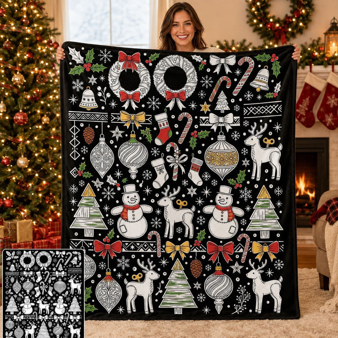 Cozy Hand‑Painted Santa & Elk Throw – Compact Picnic Blanket