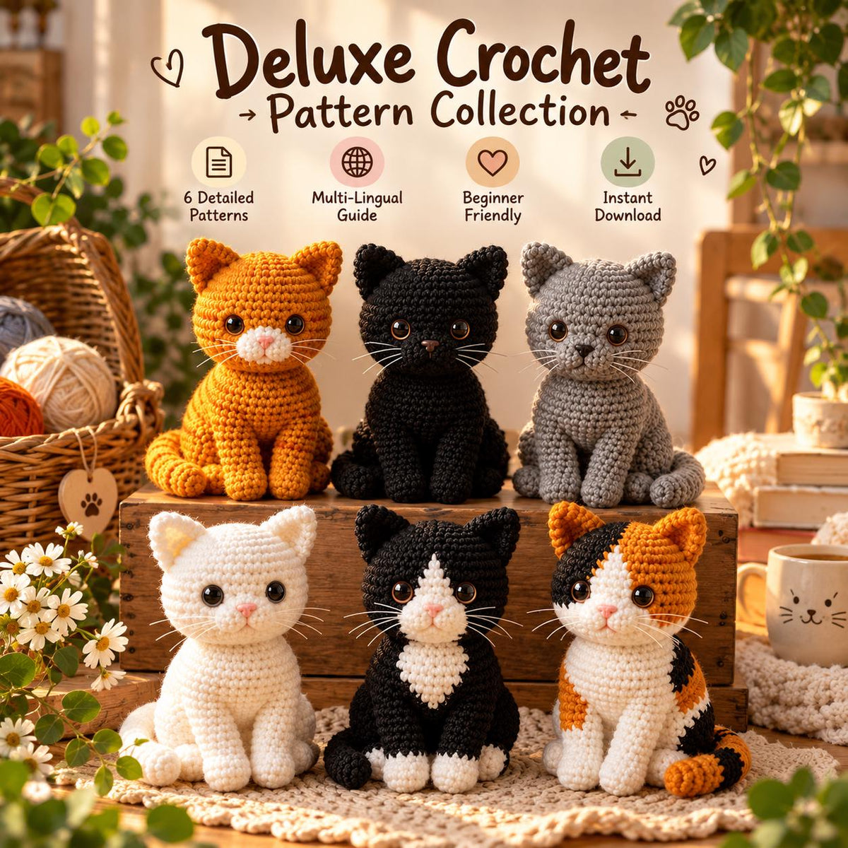 6 Sitting Cat Crochet Pattern Collection, PDF, Amigurumi Bundle, Beginner Friendly