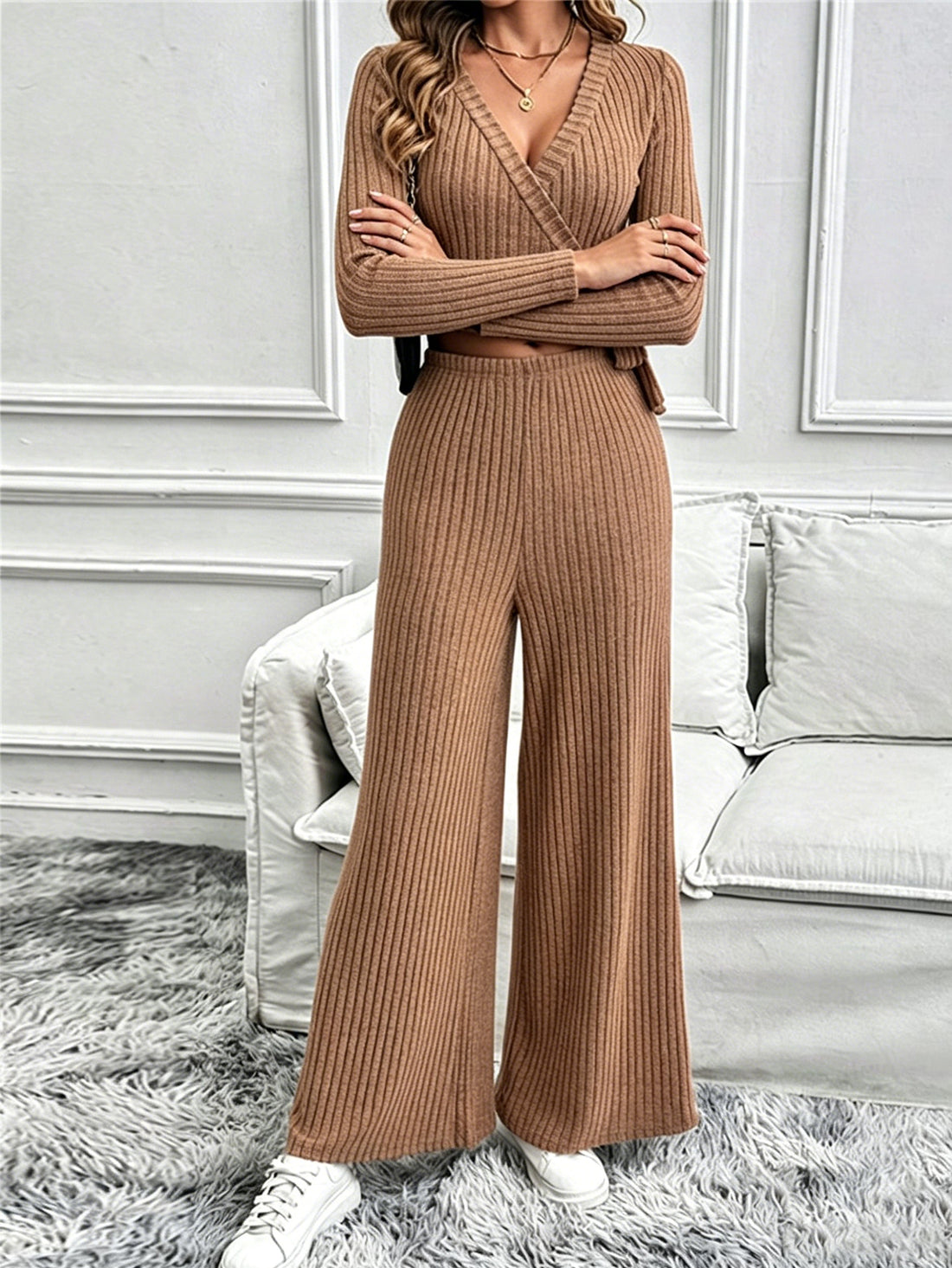 Women's Ribbed Knit 2-Piece Loungewear Set – Wrap Top & Wide Leg Pants