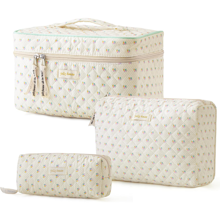 Quilted Makeup Bag, 3Pcs Cotton Large Travel Makeup Bags Organizer