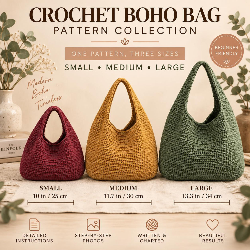 Crochet Boho Half Moon Bag Pattern, 3 Sizes, Beginner Friendly (PDF Download)