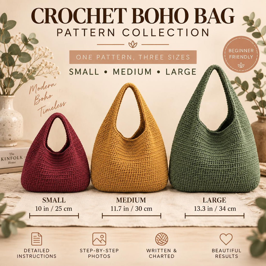 Häkelanleitung für eine Boho-Halbmondtasche, 3 Größen, anfängerfreundlich (PDF-Download)
