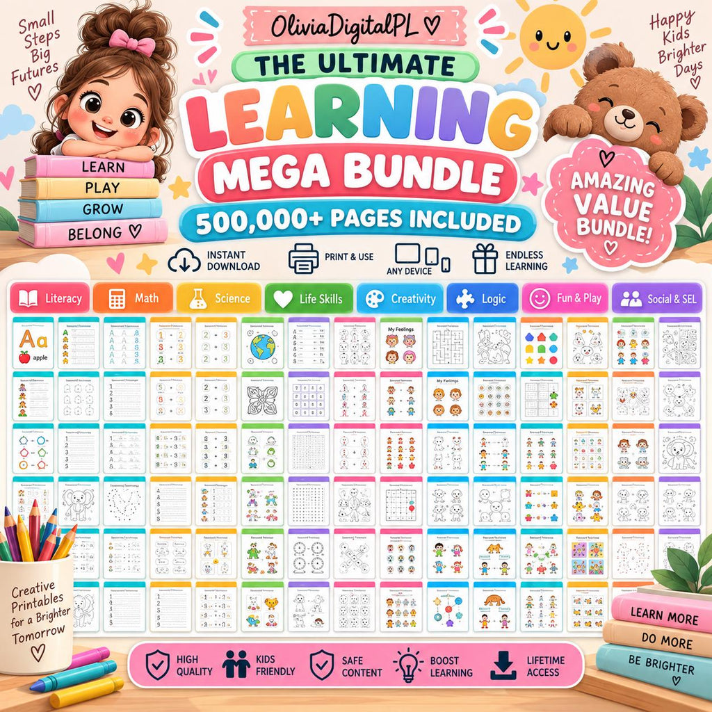 500,000+ Kids Educational Bundle PLR MRR, Printable Worksheets, Coloring Pages, Homeschool Learning Games