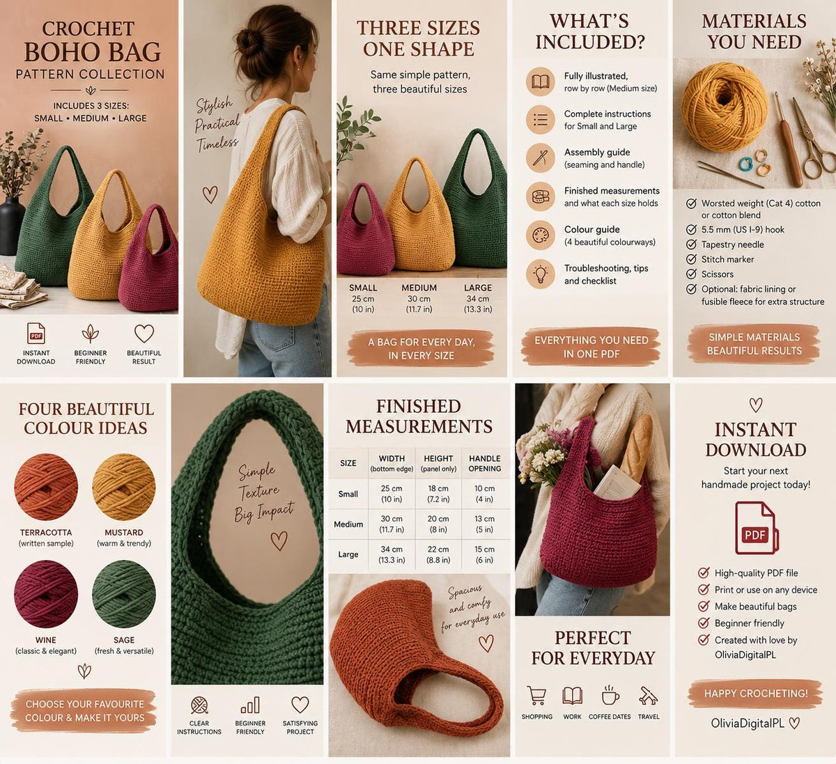 Crochet Boho Half Moon Bag Pattern, 3 Sizes, Beginner Friendly (PDF Download)
