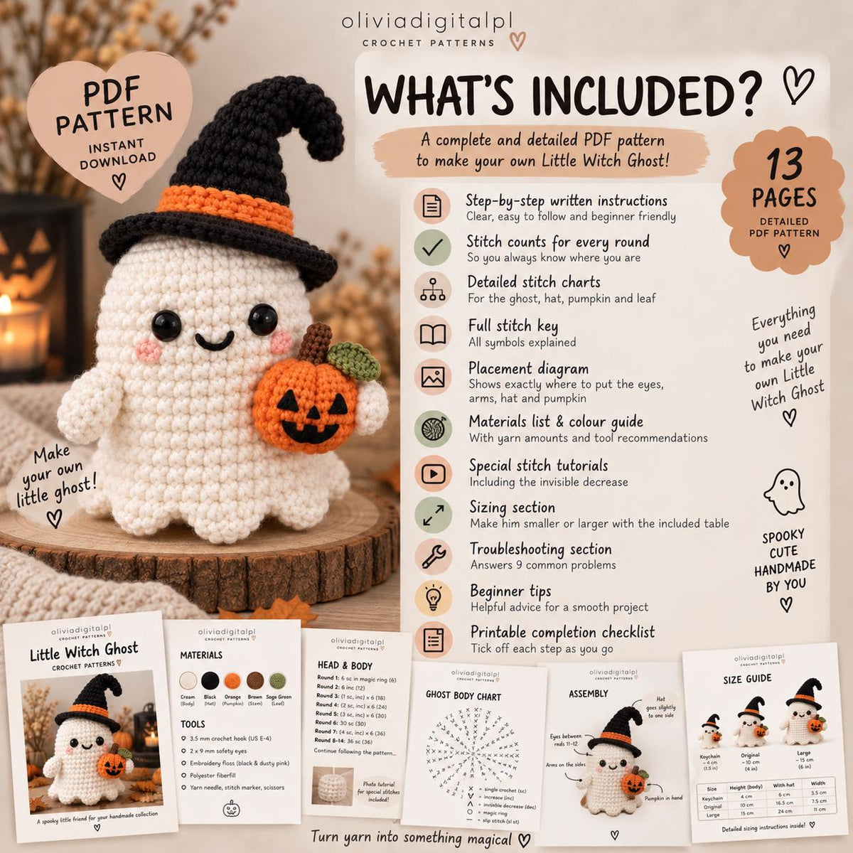 Halloween ghost Crochet pattern, witch Ghost with Hats,  Amigurumi, digital Tutorial, Decoration, Gift
