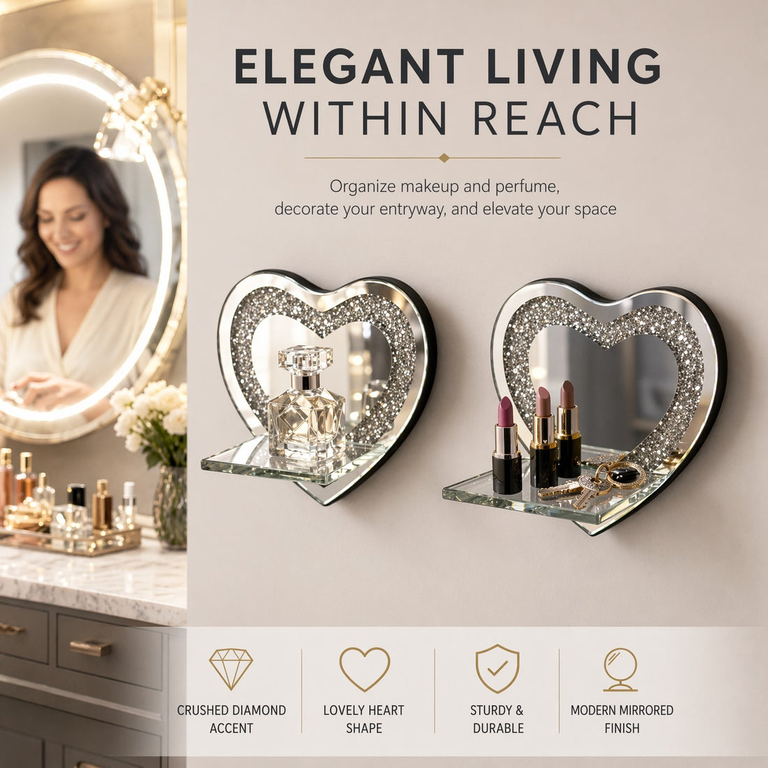 Heart-Shaped Mirrored Shelf with Diamond Inlay