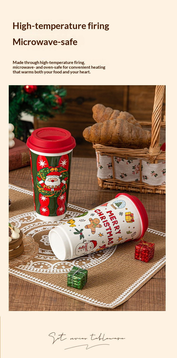 Cartoon Christmas Large-Capacity Ceramic Mug With Lid Gift