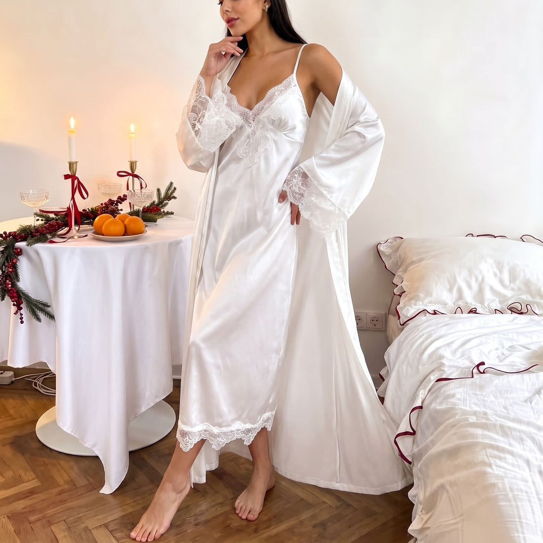Elegant Lace V-Neck Long Camisole Nightdress with Cuffs