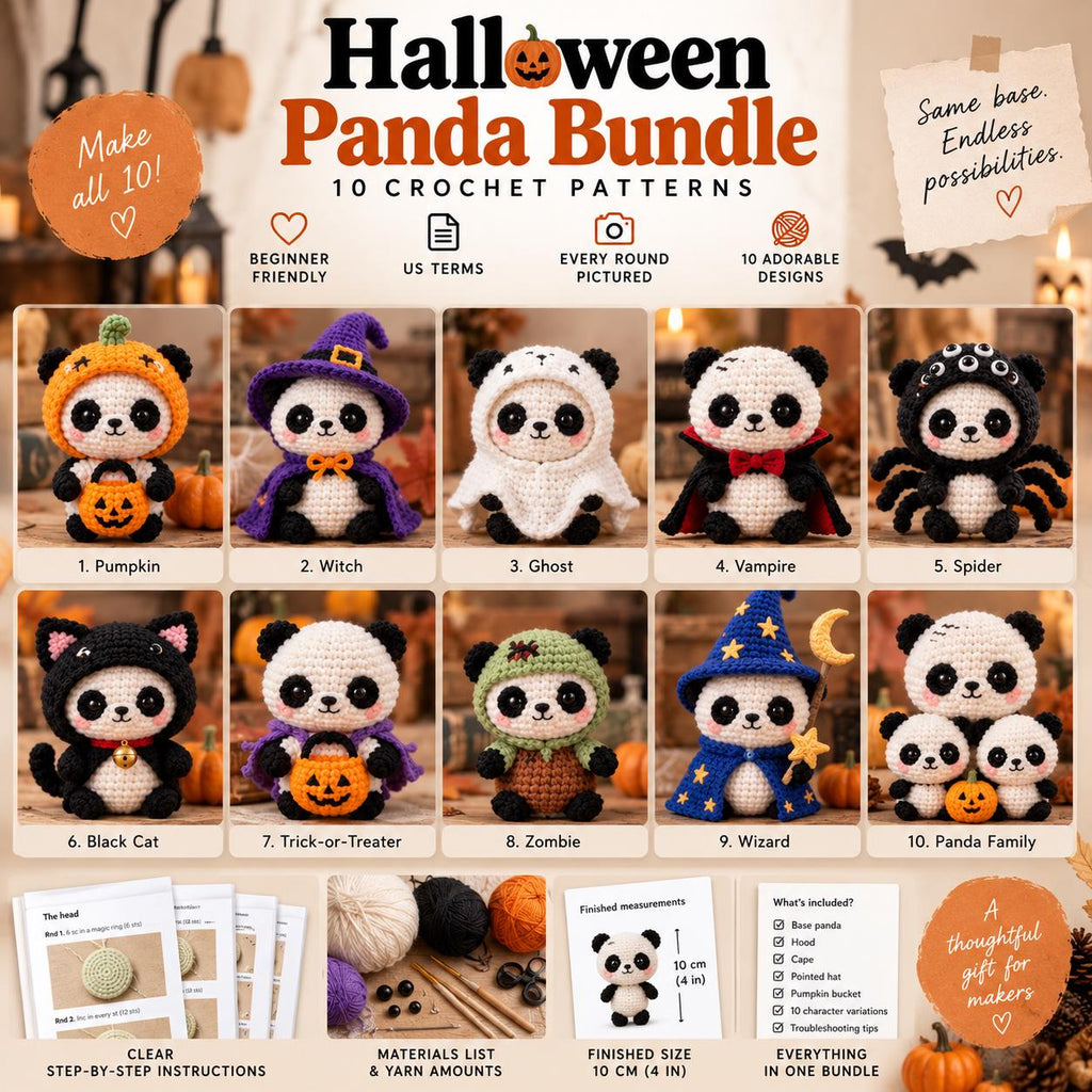 Halloween Panda Crochet Bundle, 10 Costumes, One Pattern (Digital Download)