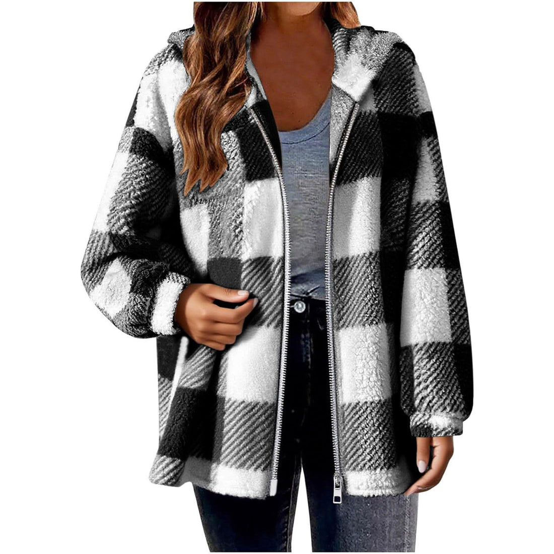Elegant Plaid Long‑Sleeve Hooded Jacket – Cozy & Versatile