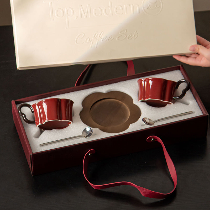 Vintage Ceramic Coffee Cup And Saucer Set With Acacia Wood Tray And Sp