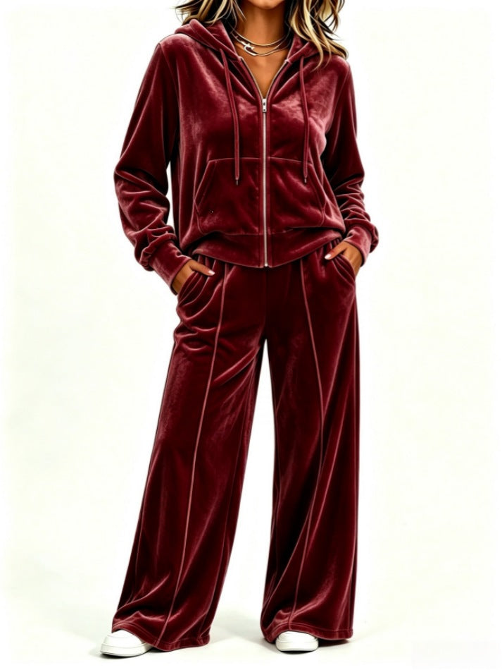 Velvet Hooded Sweatshirt & Wide‑Leg Pants Casual Set