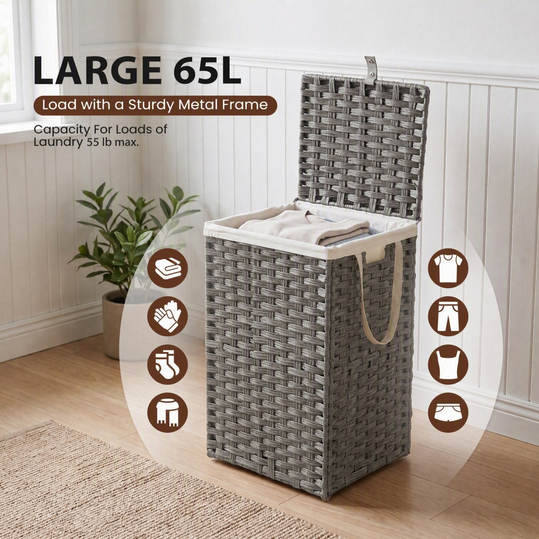 Compact Foldable Laundry & Picnic Basket – Hand‑Woven PP Rattan with Lid
