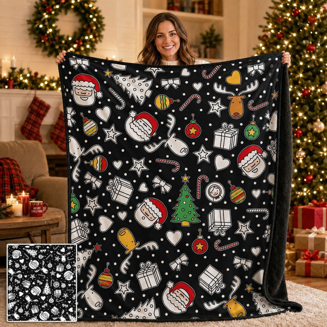 Cozy Hand‑Painted Santa & Elk Throw – Compact Picnic Blanket