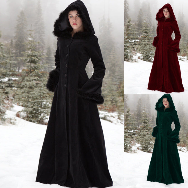Adjustable Retro Fur Collar Hood Trench Coat – Large Swing Design