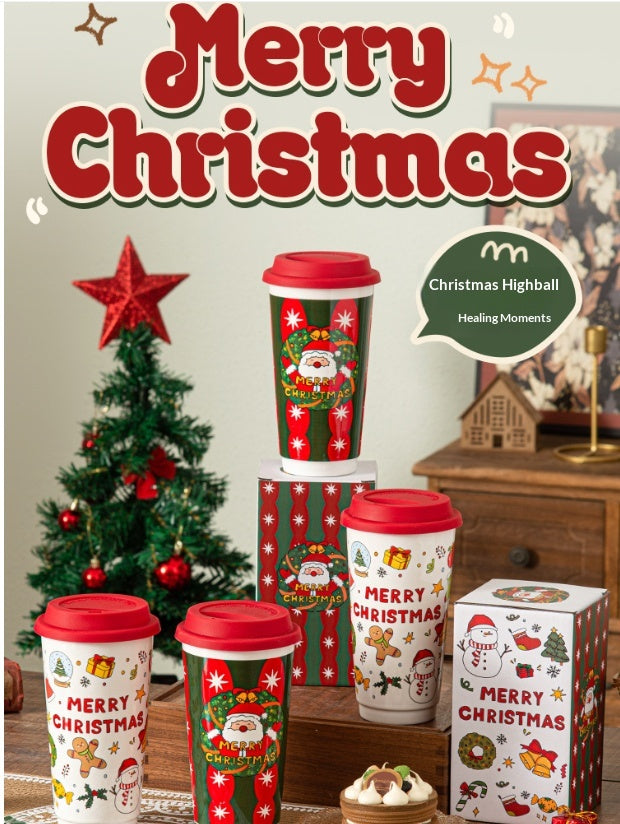 Cartoon Christmas Large-Capacity Ceramic Mug With Lid Gift