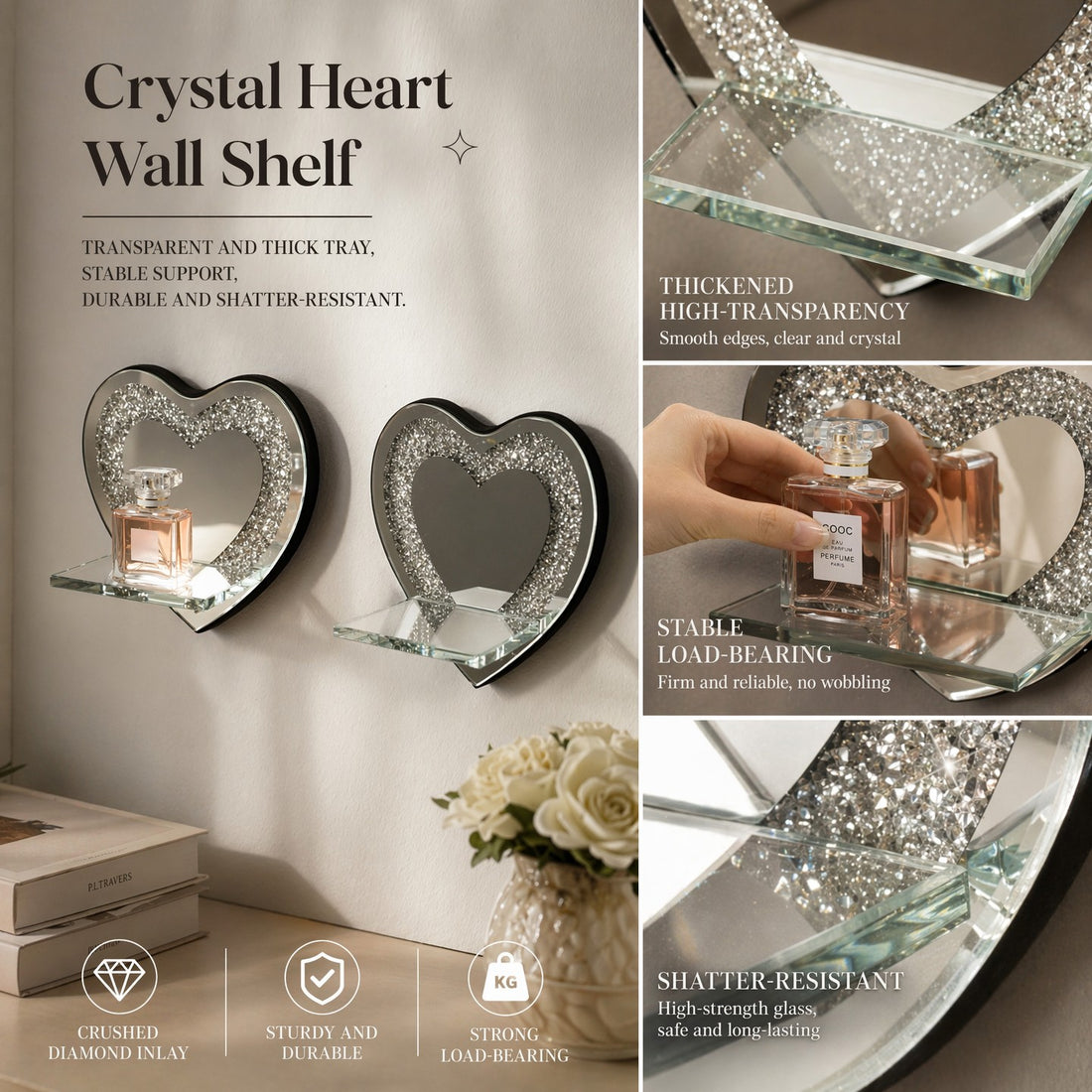 Heart-Shaped Mirrored Shelf with Diamond Inlay