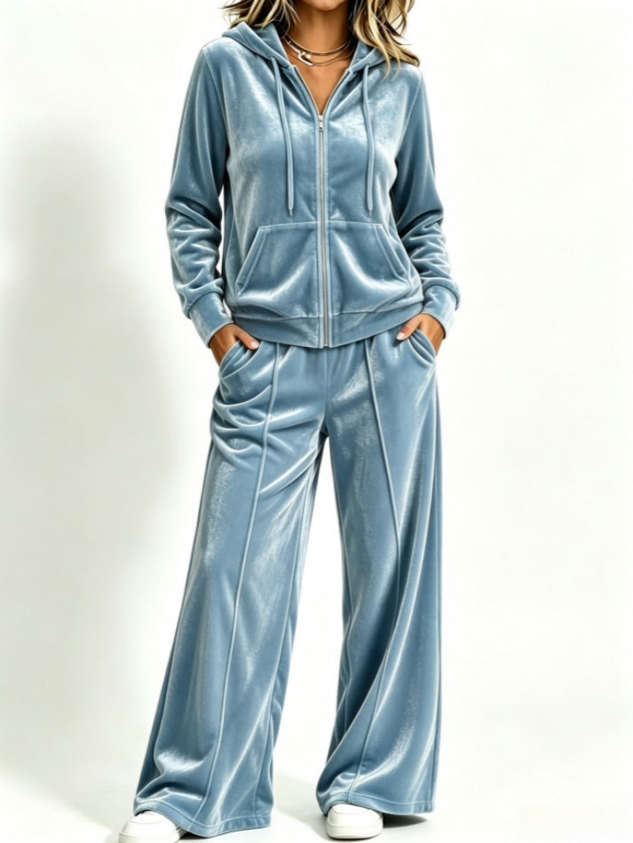 Velvet Hooded Sweatshirt & Wide‑Leg Pants Casual Set